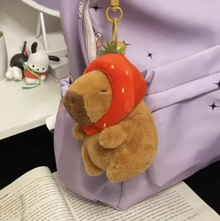 Capybara with Strawberry Hat Plush Handbag Keychain Keyring