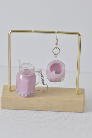 Bubble Tea Pearl Milk Tea Boba Novelty Fun Drop Dangle Earrings - Purple Taro