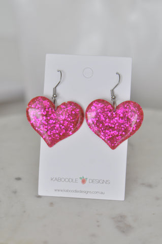 Acrylic Perspex Rainbow Glitter Heart Drop Earrings - Barbie Glitter Hot Pink