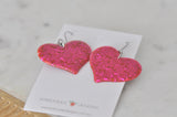 Acrylic Perspex Rainbow Glitter Heart Drop Earrings - Barbie Glitter Hot Pink