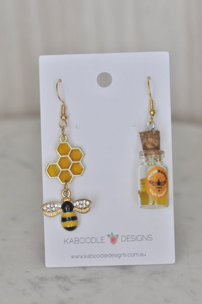 Bee Honeycomb and Honey Jar and Dipper Drop Dangle Earrings