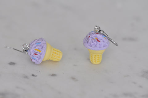 Miniature 3D Ice Cream Dangle Earrings - Taro Purple with Sprinkles