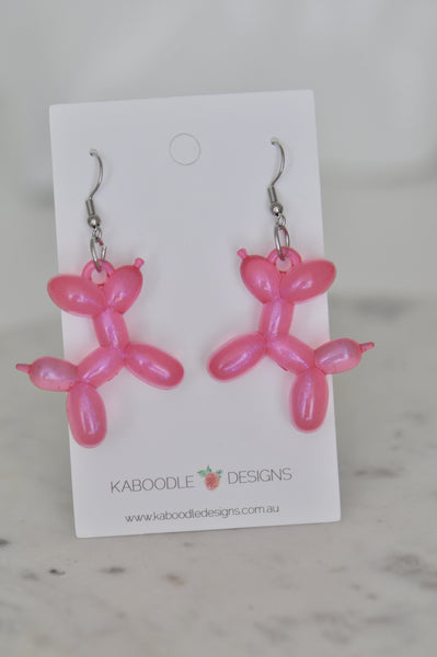 Balloon Dog Transparent Translucent Drop Dangle Earrings - Hot Pink