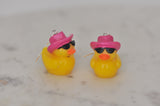 *** Miniature 3D Rubber Ducky Duck Cowboy  Hat Sunglasses Drop Dangle Earrings