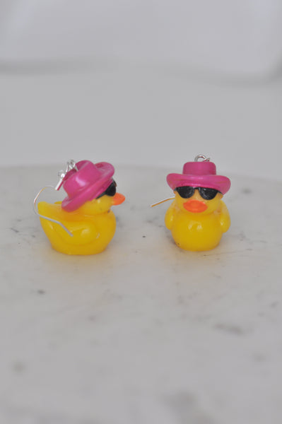 *** Miniature 3D Rubber Ducky Duck Cowboy  Hat Sunglasses Drop Dangle Earrings