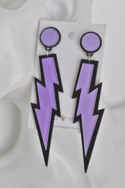 Acrylic Perspex Laser Cut Lightning Bolt Drop Earrings - Purple