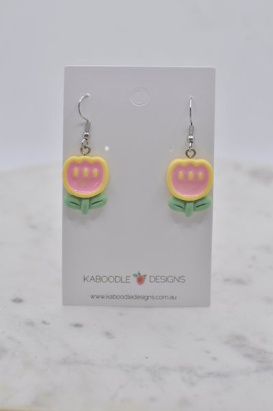 Tulip Flower Drop Dangle Earrings - Pink and Yellow