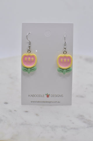 Tulip Flower Drop Dangle Earrings - Pink and Yellow