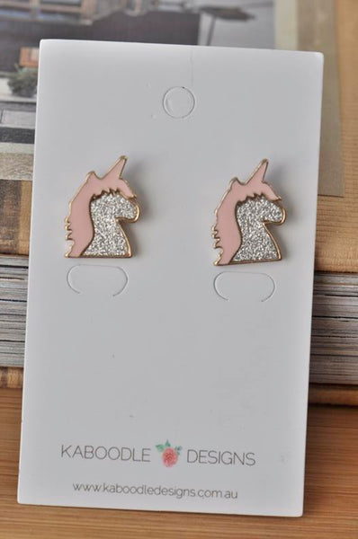 Pink Unicorn Enamel Glitter Stud Earrings