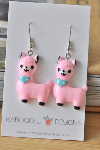 Llama Alpaca Resin Novelty Fun Drop Dangle Earrings - Pink