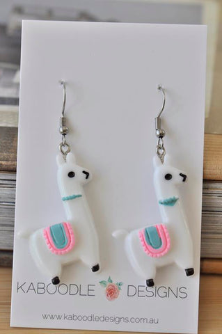 Llama Alpaca Resin Novelty Fun Drop Dangle Earrings - White