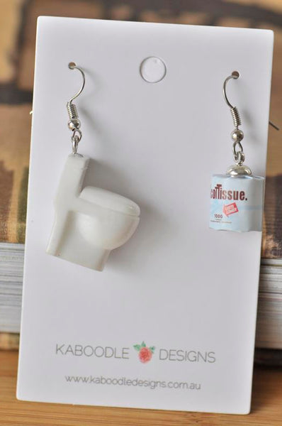 Toilet and Toilet Paper Novelty Fun Drop Dangle Earrings