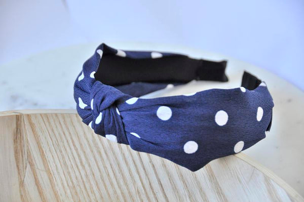 Fabric Knotted Headband - Navy Blue Polkadot