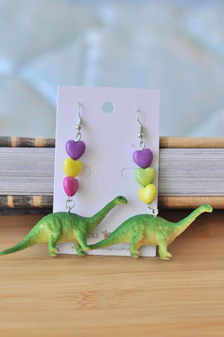 Novelty Dinosaur Hearts Dangle Drop Earrings - Brontosaurus