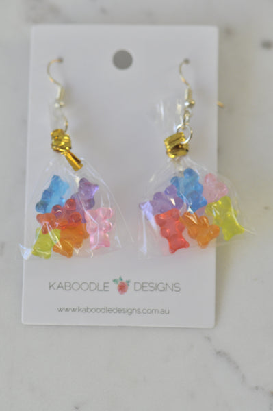 Novelty 3D Candy Lolly Gummy bear in a Bag Dangle Drop Earrings - Lime Green