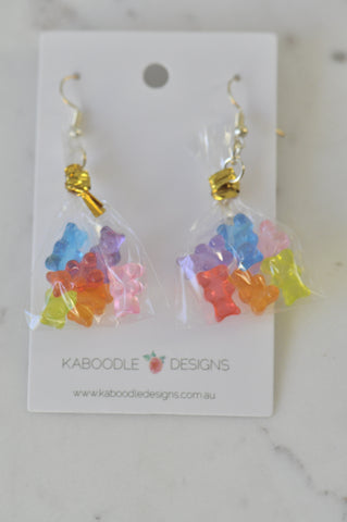 Novelty 3D Candy Lolly Gummy bear in a Bag Dangle Drop Earrings - Lime Green