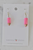 Miniature 3D School Teachers Classroom Pencil Dangle Earrings - Pink