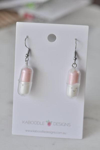 Novelty Medicine Tablet Happy Pills Dangle Earrings - Pastel Pink