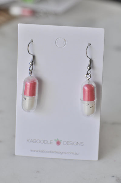 Novelty Medicine Tablet Happy Pills Dangle Earrings - Pink