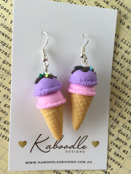 Miniature 3D Yummy Food Ice Cream Dangle Earrings - Strawberry and Grape