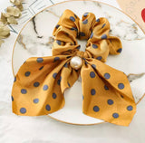 Bohemian Scrunchie Scarf Bow Hair Tie with Faux Pearl - Mustard Yellow Polkadot