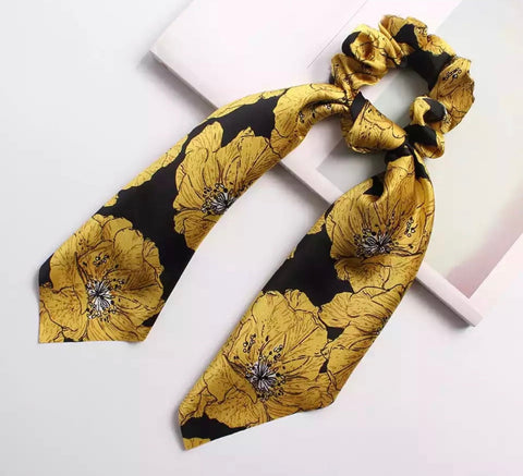 Bohemian Scrunchie Scarf Bow Hair Tie - Yellow Black